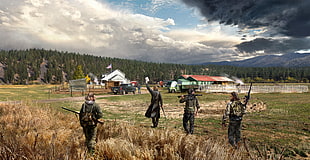 four men holding rifle during daytime HD wallpaper