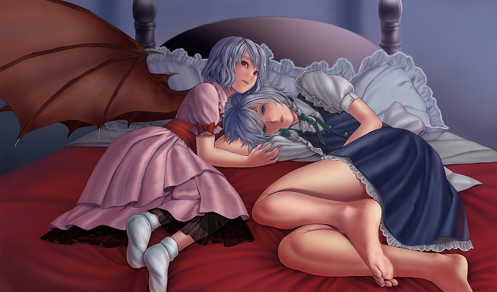 two female anime character lying on bed HD wallpaper