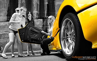 selective-color photography of yellow car, car, women, Zonda, Pagani HD wallpaper
