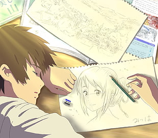 male anime character sleeping on brown table