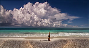 photo of person doing yoga exercise beside shore, landscape, nature, men, yoga HD wallpaper