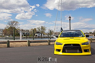 yellow and black Ford Mustang, car, yellow cars, Mitsubishi Lancer Evo X, Mitsubishi HD wallpaper