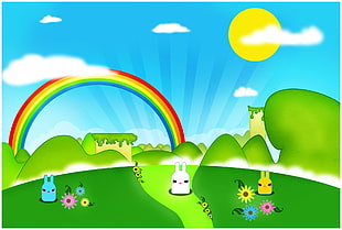 rainbow over horizon with rabbits digital wallpaper, colorful, fantasy art, rainbows, digital art HD wallpaper