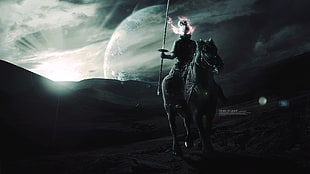 man riding horse wallpaper, digital art, warrior, planet, horse HD wallpaper