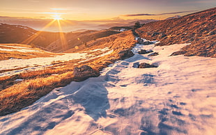 brown mountain, landscape, winter, sky, sunlight