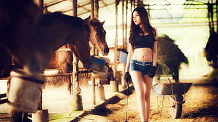 women's black crop top and blue denim short shorts, women, model, brunette, long hair