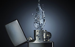 silver-colored table lamp, water, fire, zippo, lighter HD wallpaper