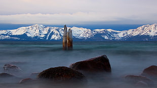 brown rocks, Lake Tahoe, mist, mountains, lake