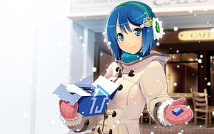 blue haired female anime character, anime, winter, Windows 7, Madobe Nanami 
