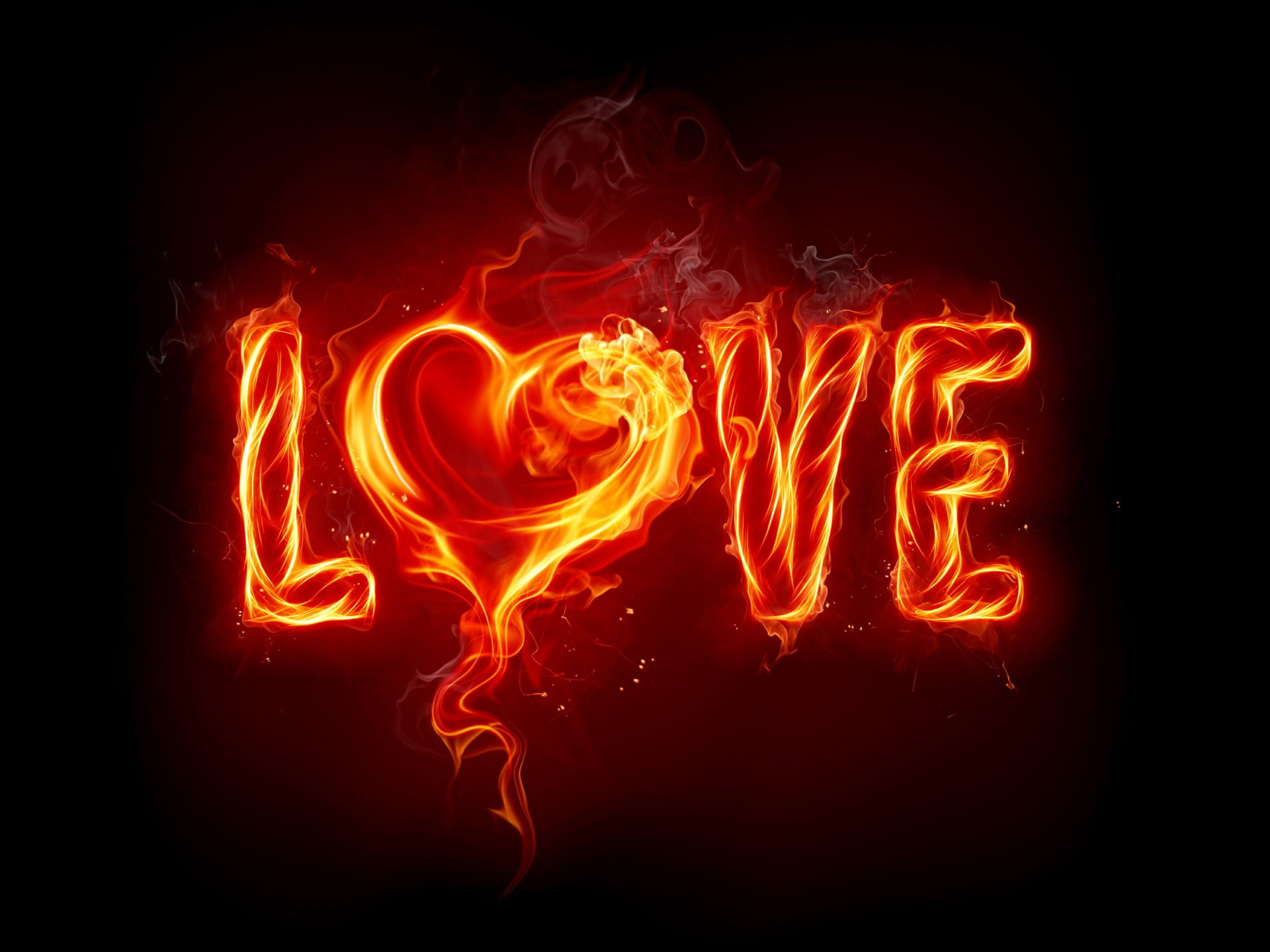 Black background with love text overlay, fire, love, heart, typography ...