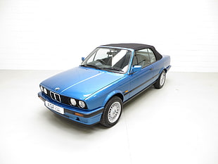 blue BMW M3 E30 soft-top coupe, BMW, blue cars HD wallpaper