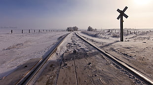 train rail, landscape, railway, snow, winter HD wallpaper