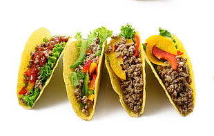 four tacos on white background HD wallpaper
