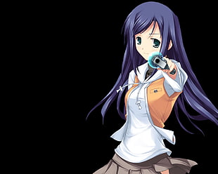 purple haired female anime character with gray gun HD wallpaper