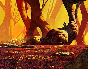 man sitting on tree trunk, artwork, Roger Dean