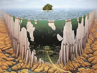 island with house painting, Jacek Yerka, cliff, artwork, sea