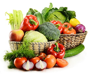 variety of fresh vegetables in wicker brown basket