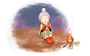 woman near bonfire anime wallpaper HD wallpaper