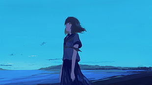 anime character standing near beach illustration, anime, manga, anime girls, sky HD wallpaper