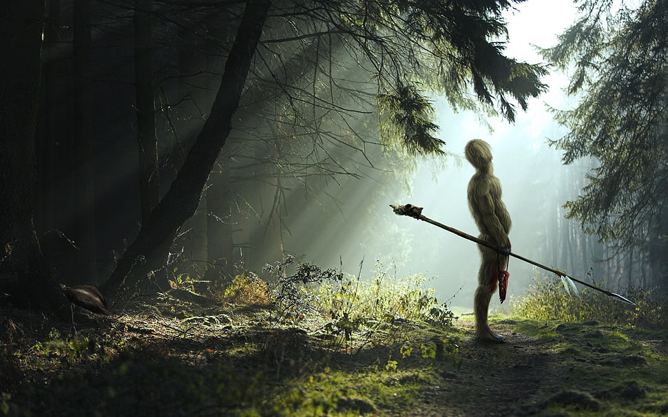 person holding spear standing under tree during daytime HD wallpaper