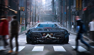 black Ferrari sports car on concrete road with people on street HD wallpaper