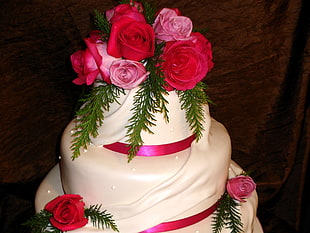white 3-tier cake with pink roses HD wallpaper