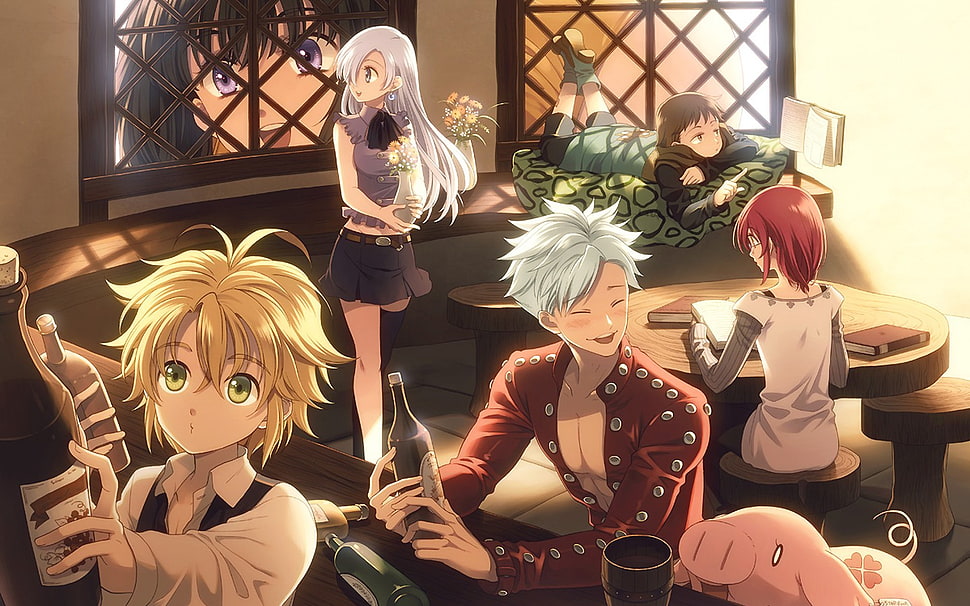 five anime characters in dining area graphic HD wallpaper