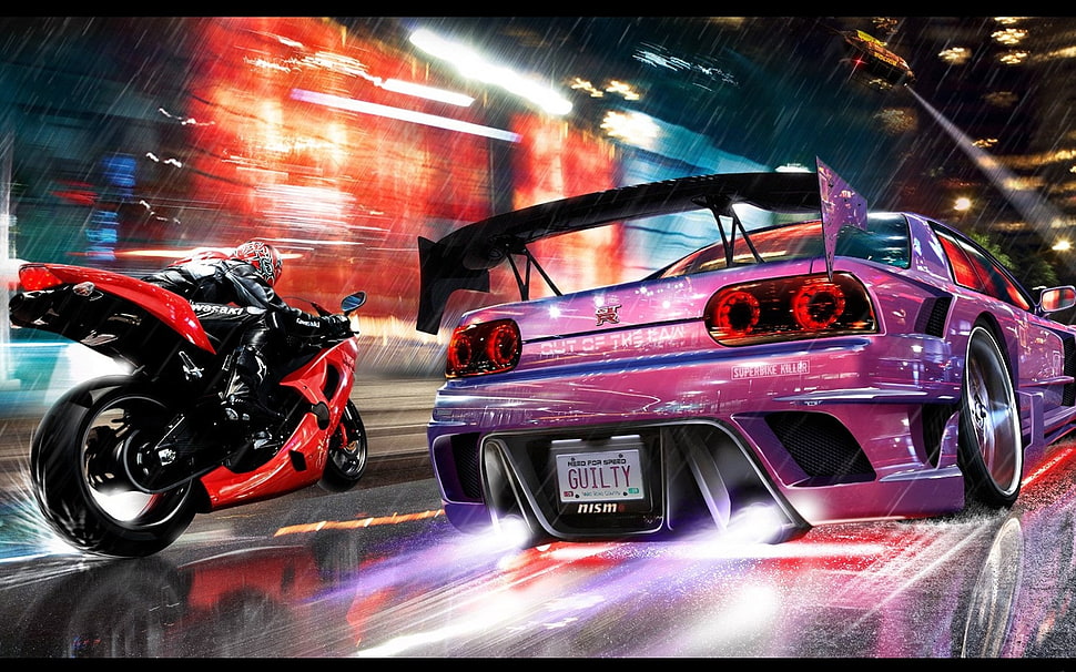 purple car and red and black motorcycle HD wallpaper