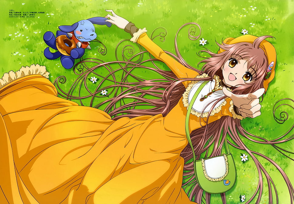 female anime character wearing yellow dress lying on green grass HD wallpaper