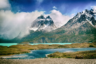 green grass, river, mountains, clouds, nature HD wallpaper