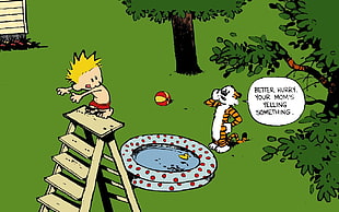 boy and tiger illustration, Calvin and Hobbes HD wallpaper