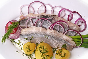 fish dish with onions and potatoes HD wallpaper