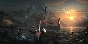 group of knights in body of water with ship illustration, fantasy art, warrior, artwork, Vikings