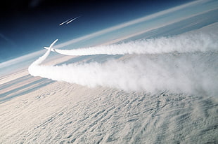 white and gray fur textile, rocket, Earth, space, clouds