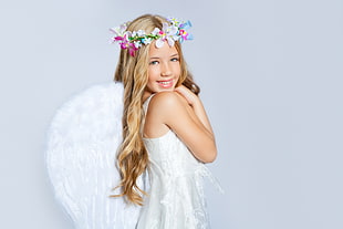girl wearing white angel costume HD wallpaper