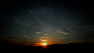 silhouette of mountain during golden hour digital wallpaper, Sun, cherry blossom, clouds, hot spring