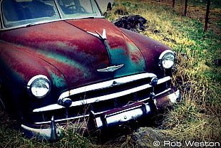 classic red car, car, wreck, vehicle HD wallpaper