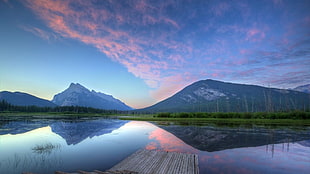 brown wooden dock, lake, mountains, reflection, sky