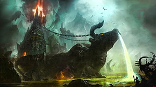 bull waterfalls animated illustration, fantasy art