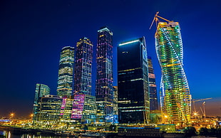highrise building with LED, Moscow, Russia, city, cityscape HD wallpaper