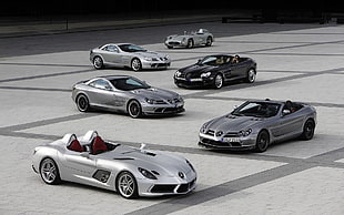white BMW 5-series sedan, Mercedes-Benz SLR Stirling Moss, Mercedes-Benz SLR 722, Mercedes-Benz, Mercedes-Benz SLR HD wallpaper