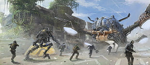 soldiers facing robot wallpaper, artwork, science fiction, futuristic, Titanfall HD wallpaper