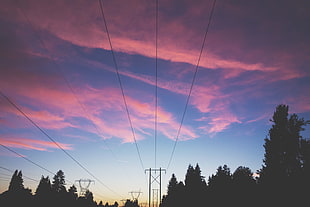 black and white 3-panel room divider, clouds, sunset, power lines HD wallpaper