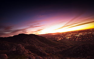 brown hill, sunset, photography, landscape, dusk