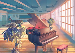 black grand piano artwork, anime, piano, classroom HD wallpaper