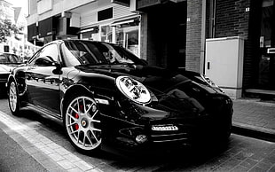 grayscale photo of coupe, car, Porsche, monochrome, selective coloring