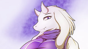 white female animal wearing purple top illustration