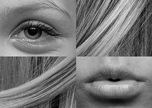 gray scale photo of woman's eye, hair, and lips