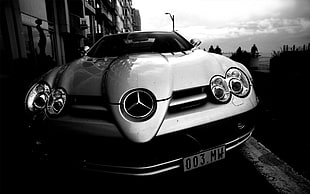 silver Mercedes-Benz car, Mercedes-Benz, car, monochrome, McLaren HD wallpaper