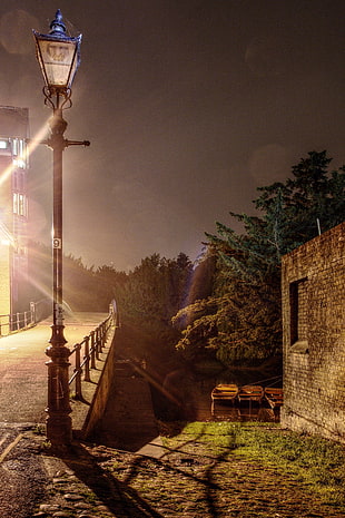 unlit black metal street lamp on bridge